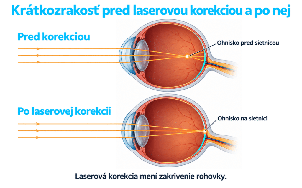 schéma zaostrenia svetla pred sietnicou pri myopii a na sietnici po laserovej korekcii