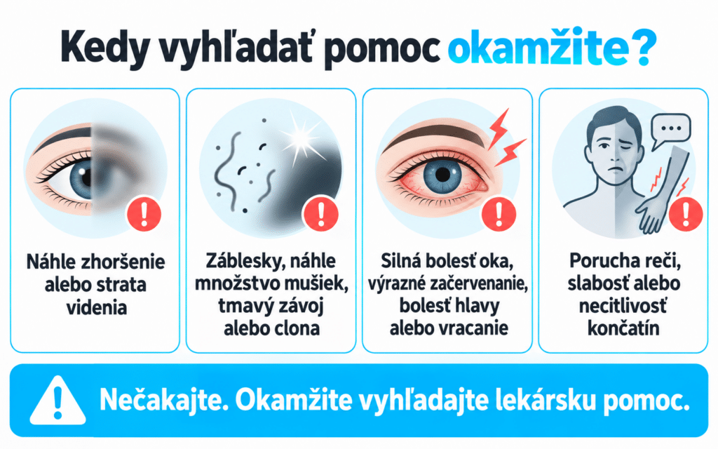infografika štyroch skupín varovných príznakov rozmazaného videnia s výzvou okamžite vyhľadať lekársku pomoc