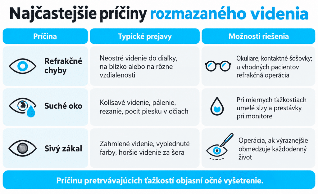 porovnanie príznakov a liečby refrakčných chýb, suchého oka a sivého zákalu v spoločnej tabuľke