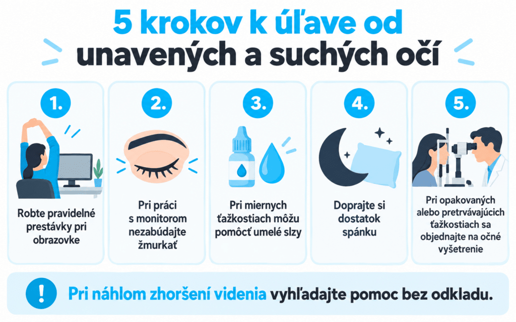 infografika päť krokov pre unavené a suché oči: prestávky, žmurkanie, umelé slzy, spánok a očné vyšetrenie